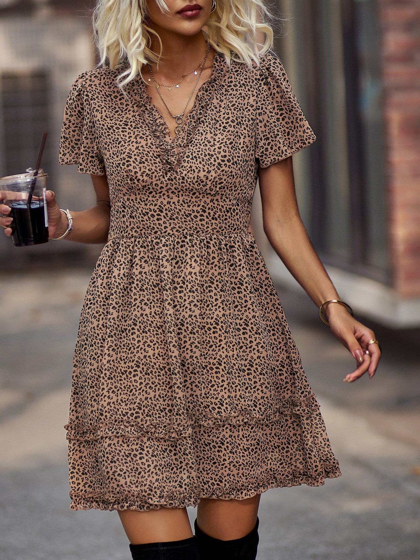 Layered polka dot chiffon dress with V-neck