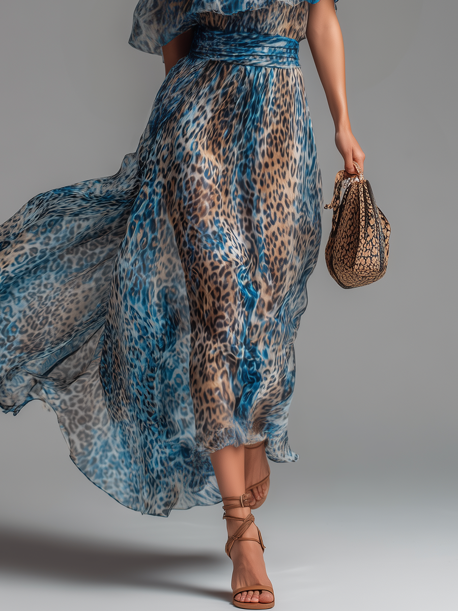 Selvaggia – Leopard Print Chiffon Maxi Dress with Off-Shoulder Design