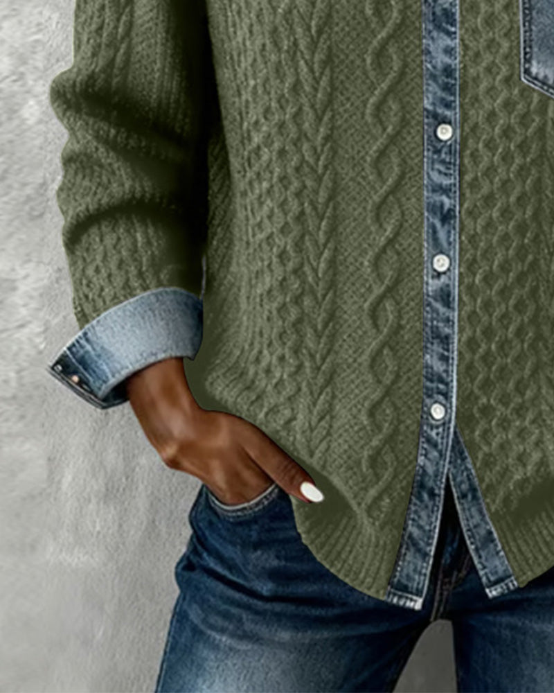 Long Sleeve Patchwork Denim Shirt