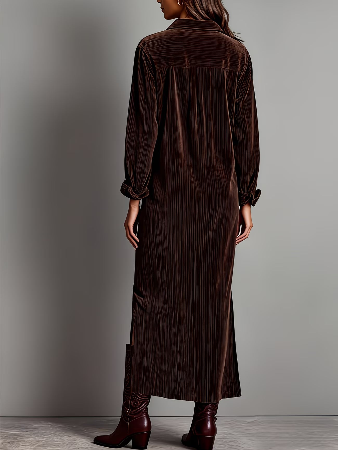 Matilda | Corduroy Chest Pocket Lapel Single-Breasted Slit Long Dress