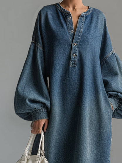 Elegant Urban-style Blue Denim Button-down Maxi Dress