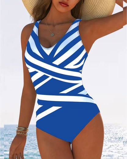 Casual Striped One-Piece Swimsuit with V-Neck