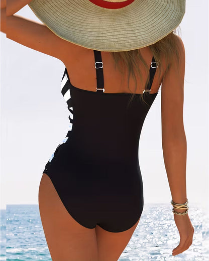 Casual Striped One-Piece Swimsuit with V-Neck