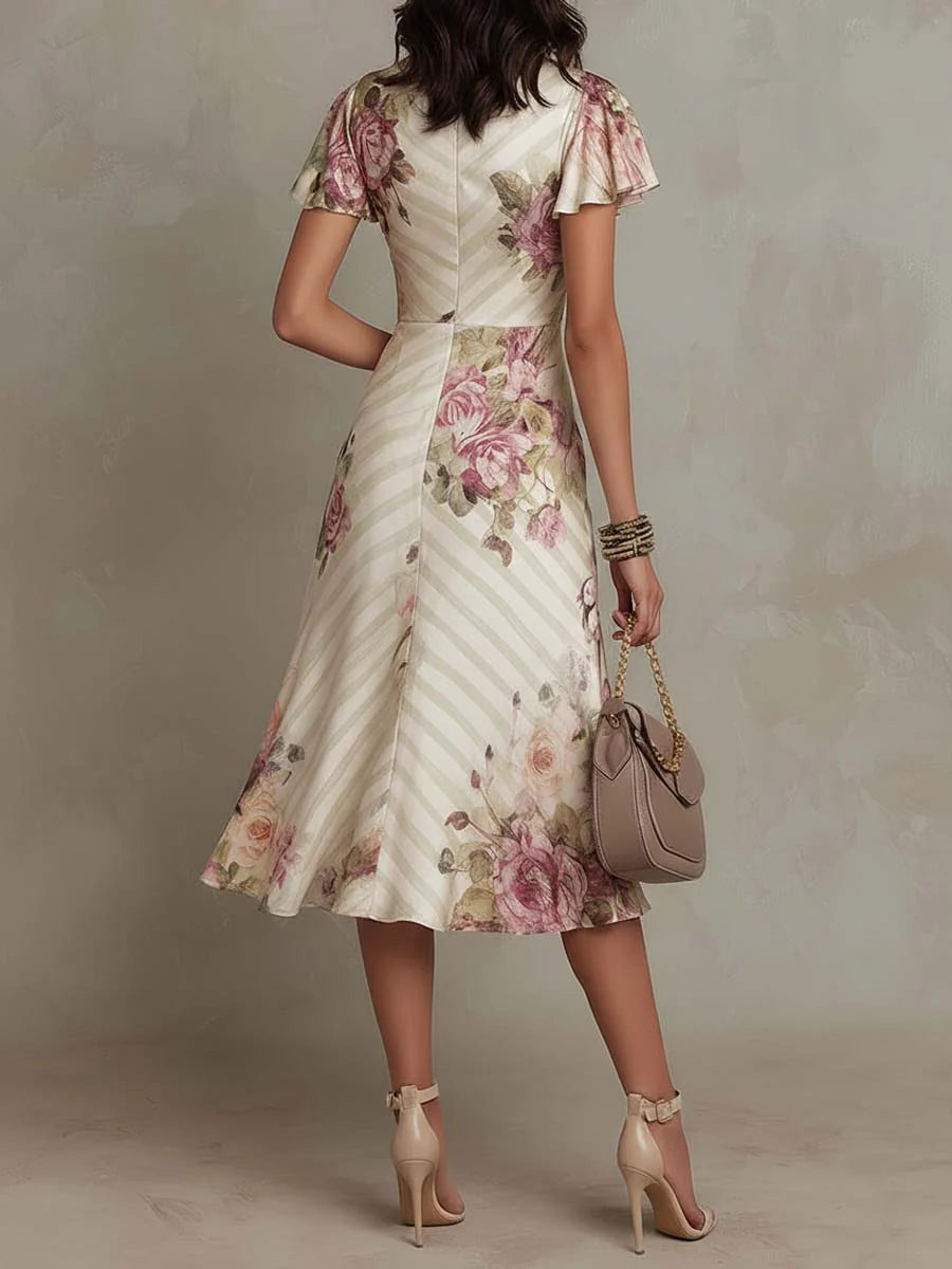 Alba | Elegant Midi Satin Dress with Retro Flowers