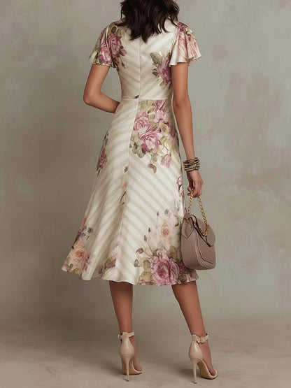 Alba | Elegant Midi Satin Dress with Retro Flowers