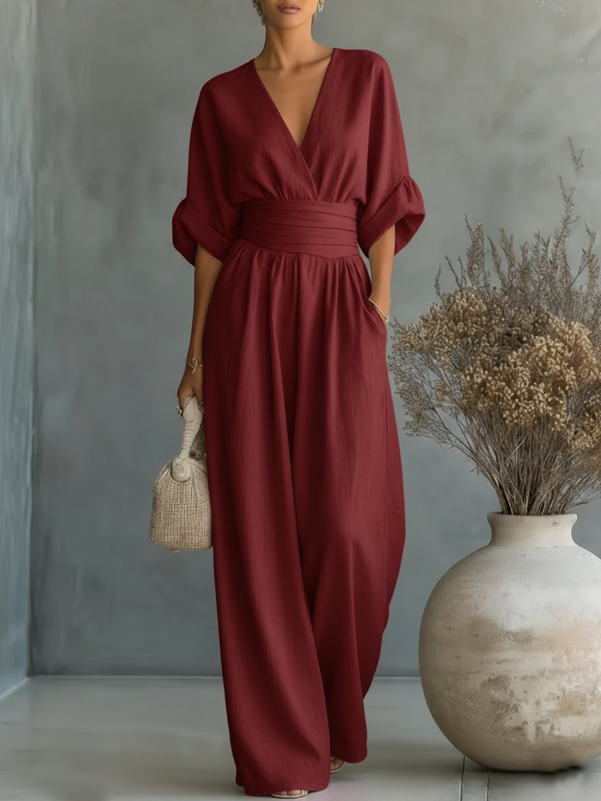 ESSENTIAL - Elegant V-Neck Jumpsuit with High Waist