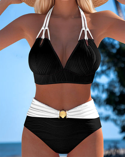 High-Waisted Double Strap Swimsuit with Contrast Colour