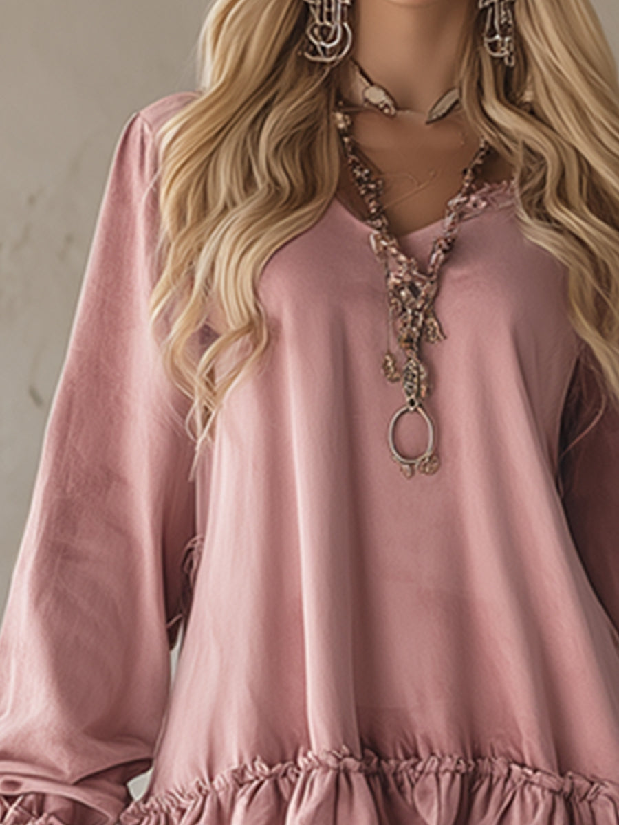 Retro Sporty Style Checkered Trim Powder Pink Sweatshirt Mini Dress