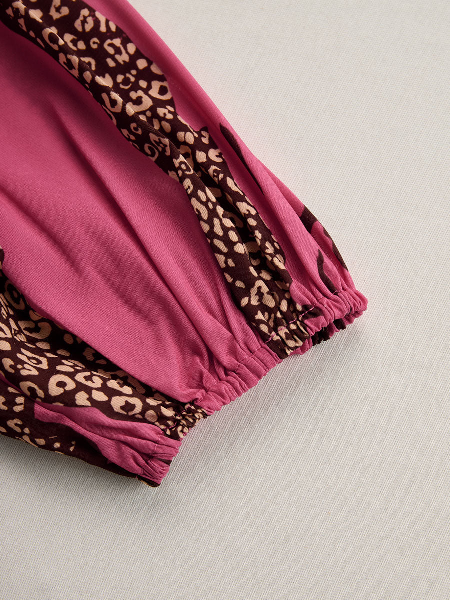 Casual Loose Rose Red Chiffon Leopard Print Long-Sleeved Jumpsuit