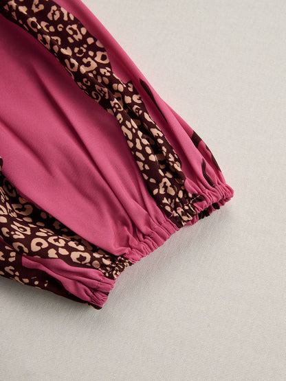 Casual Loose Rose Red Chiffon Leopard Print Long-Sleeved Jumpsuit