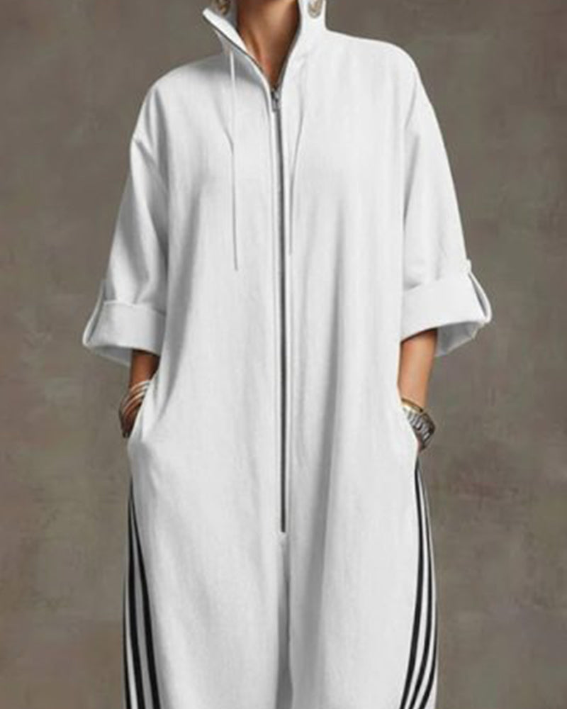 Striped Sporty Zip-Up Jumpsuit