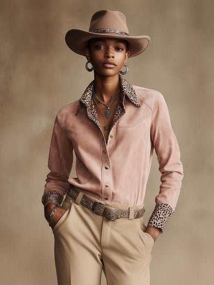 Western Retro Leopard Print Pink Faux Suede Long-Sleeve Shirt
