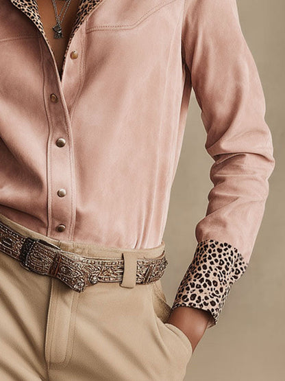 Western Retro Leopard Print Pink Faux Suede Long-Sleeve Shirt