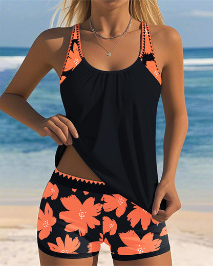 Sleeveless U-Neck Printed Boxer Tankini