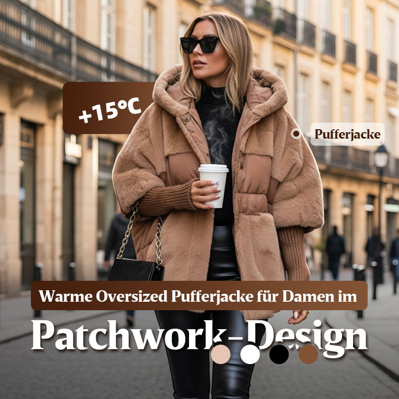 Women's Oversized Puffer Jacket with Hood in Patchwork Design
