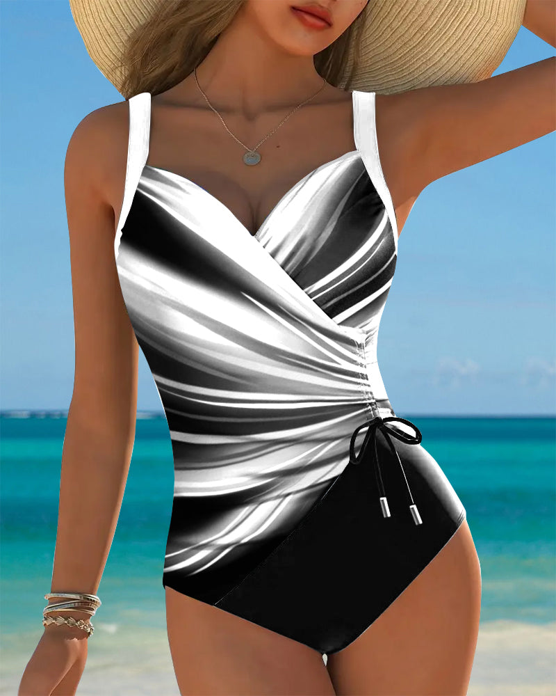 One-Piece Swimsuit with Contrasting Colour and Lacing