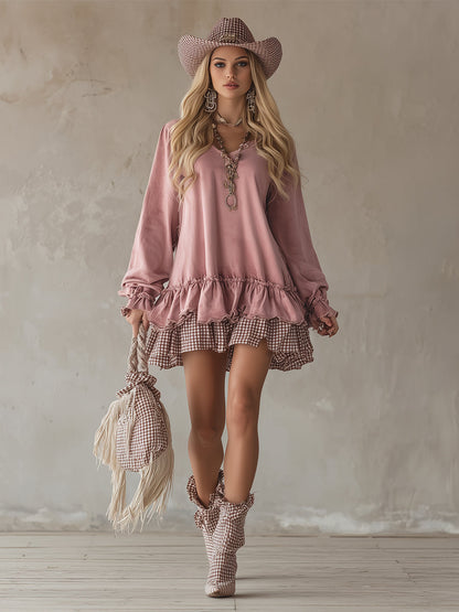 Retro Sporty Style Checkered Trim Powder Pink Sweatshirt Mini Dress