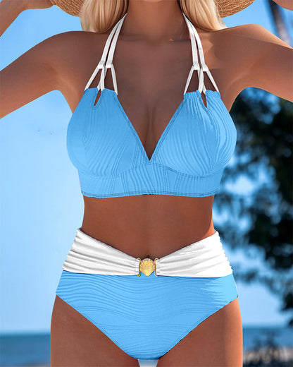 High-Waisted Double Strap Swimsuit with Contrast Colour