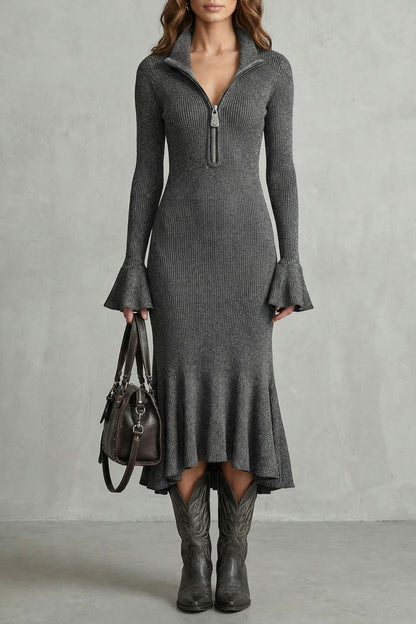 Veloria – Flared cuff elegance – Zip midi dress