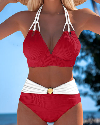 High-Waisted Double Strap Swimsuit with Contrast Colour
