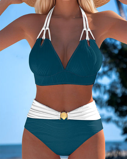 High-Waisted Double Strap Swimsuit with Contrast Colour