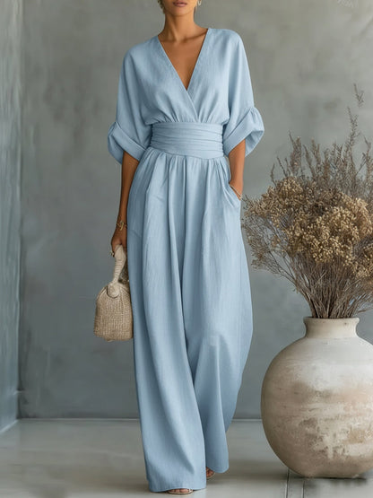 ESSENTIAL - Elegant V-Neck Jumpsuit with High Waist