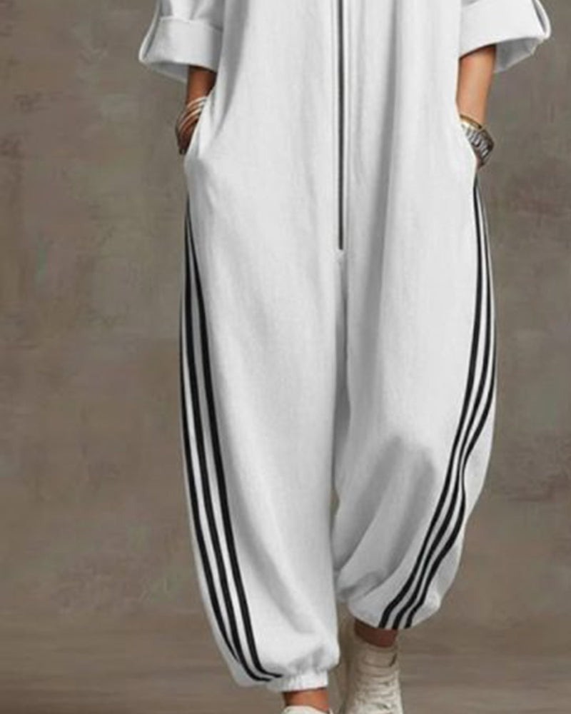 Striped Sporty Zip-Up Jumpsuit