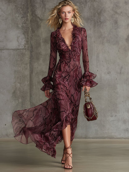 Elegant And Fashionable Burgundy Chiffon Snakeskin Pattern Ruffled Long-Sleeved Maxi Dress