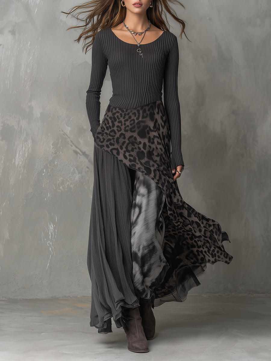 Martina - Long Bohemian Style Dress with Leopard Print