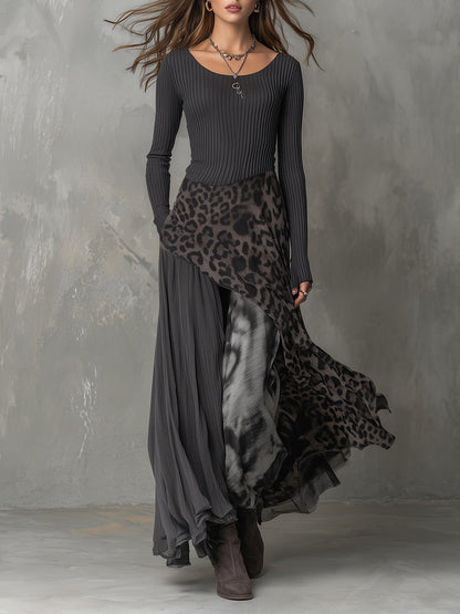 Martina - Long Bohemian Style Dress with Leopard Print