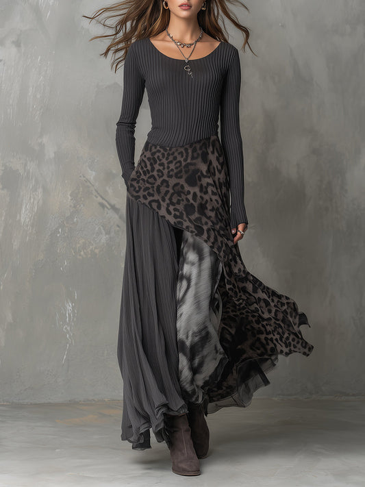 Martina - Long Bohemian Style Dress with Leopard Print