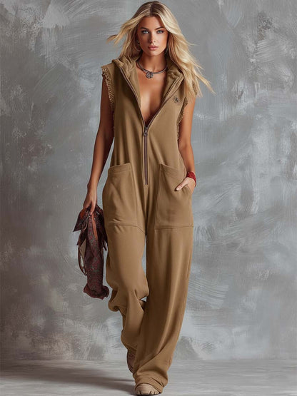 Retro Fashiona Sporty Hooded V-neck Front Zipper Raspberry Red Cotton Jumpsuit