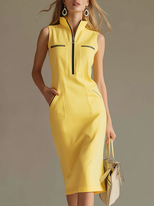 Stylish And Casual Yellow Stand-up Collar Sleeveless Midi Dress