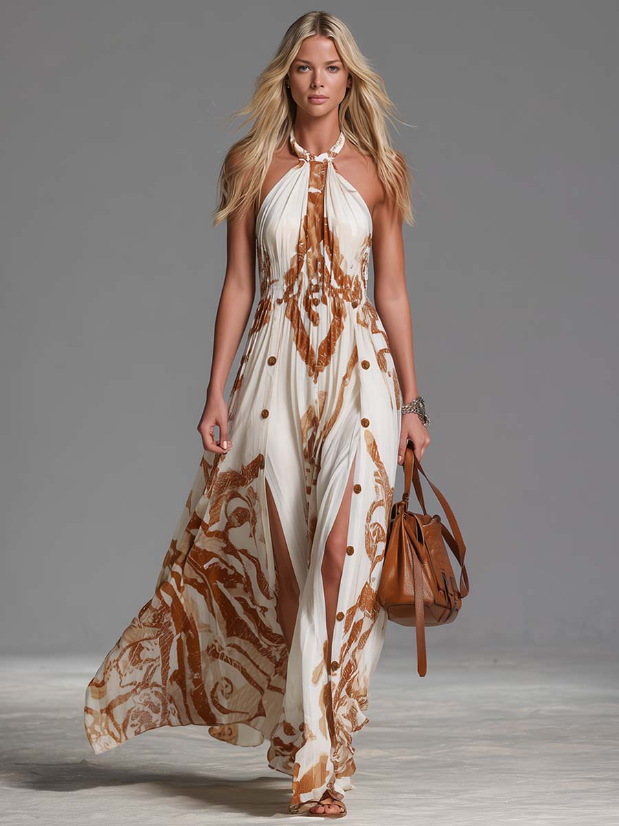 Vintage Bohemia Halter Neck Brown Western Print Off White Chiffon Split Maxi Dress