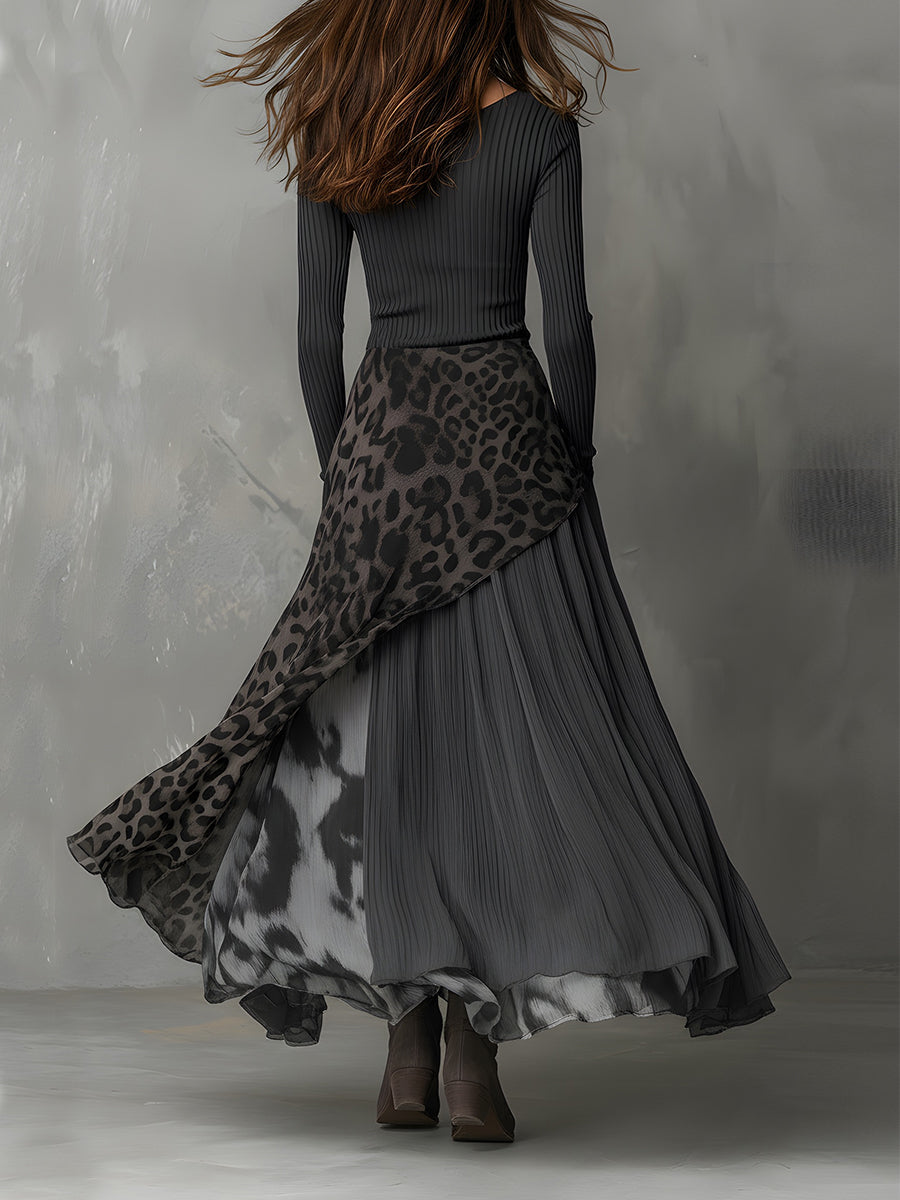Martina - Long Bohemian Style Dress with Leopard Print