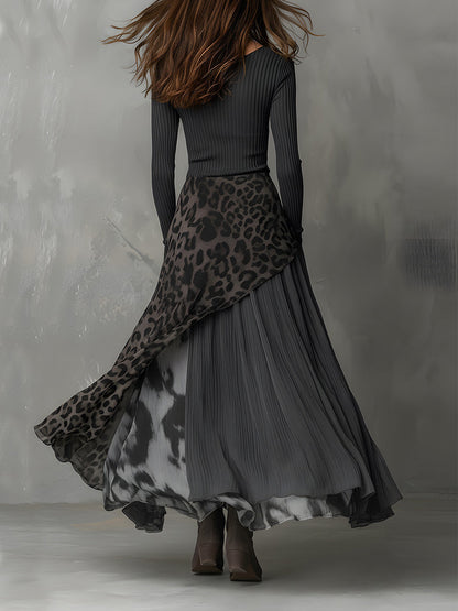 Martina - Long Bohemian Style Dress with Leopard Print