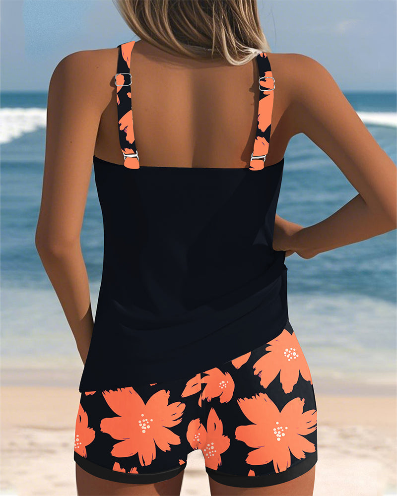 Sleeveless U-Neck Printed Boxer Tankini