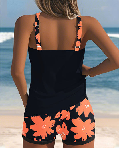 Sleeveless U-Neck Printed Boxer Tankini