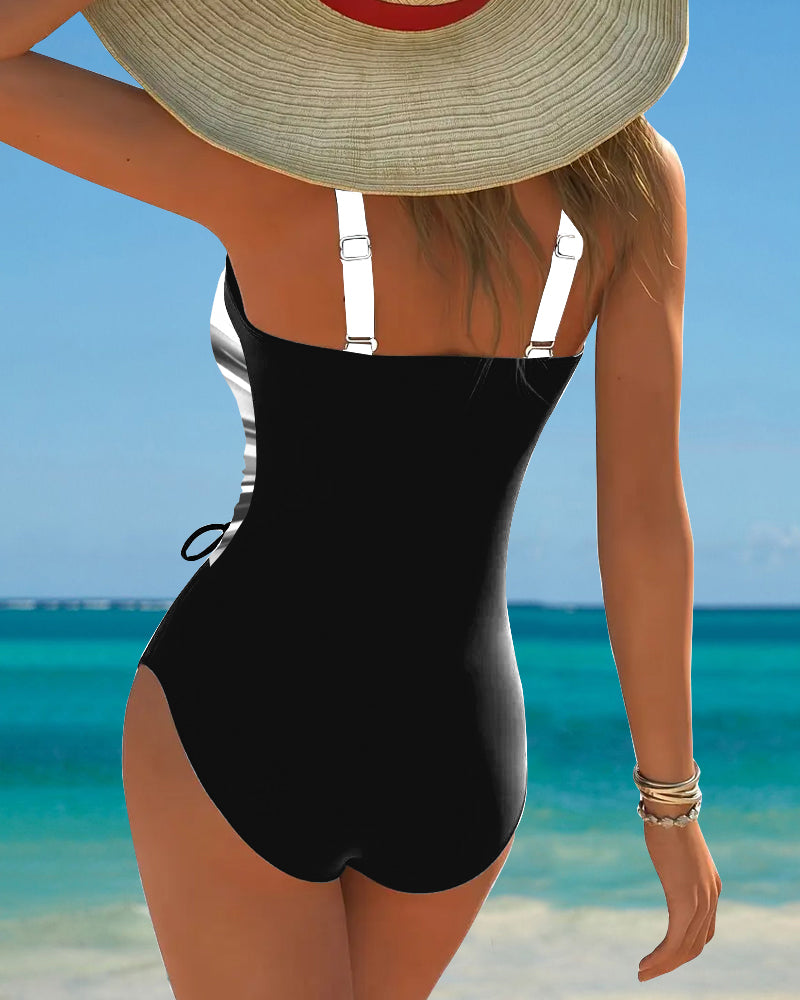 One-Piece Swimsuit with Contrasting Colour and Lacing