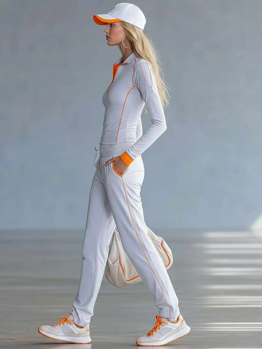 Fashionable Sporty Gray-blue Long-sleeved Half-zip Top And Trousers Set