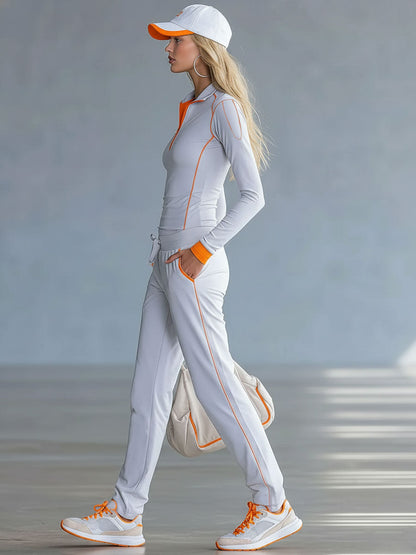 Fashionable Sporty Gray-blue Long-sleeved Half-zip Top And Trousers Set