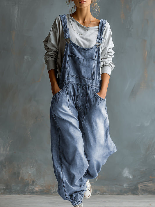 Casual Retro Washed Denim Blue Pocket Overalls