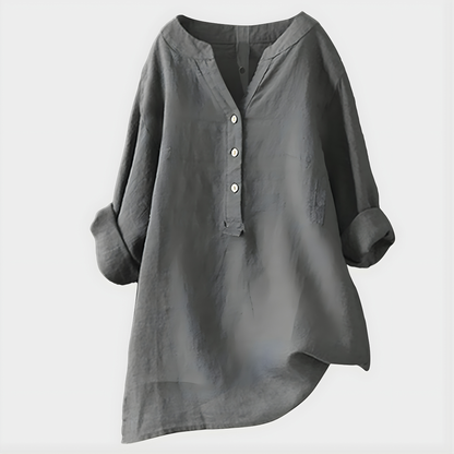 Veronique™ Elegant Cotton-Linen V-Neck Blouse