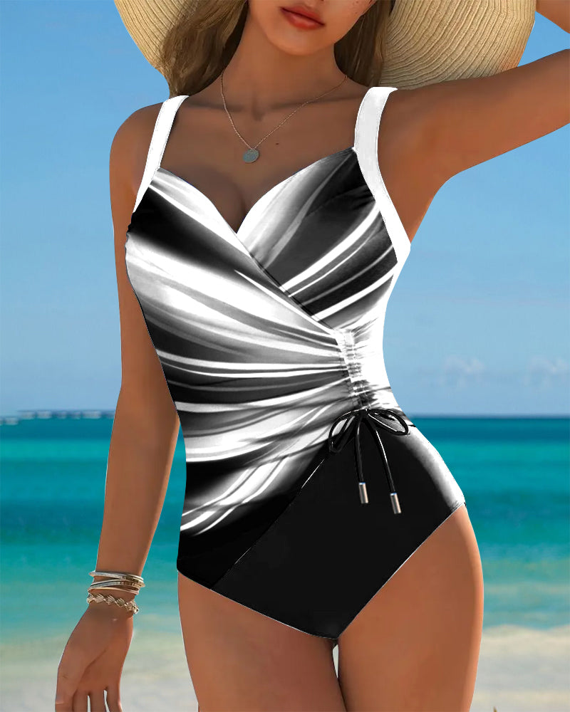 One-Piece Swimsuit with Contrasting Colour and Lacing