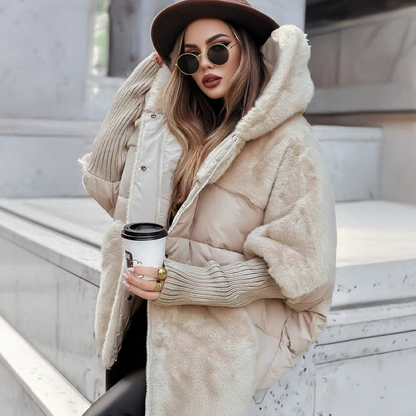 Women's Oversized Puffer Jacket with Hood in Patchwork Design