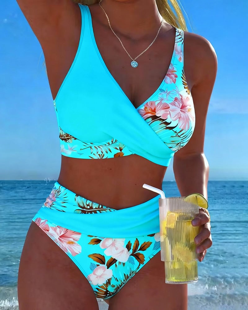 Bikini Contrast Floral Pattern Split