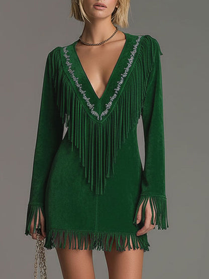 Western-style Retro Embroidered Tassel Pink Faux Suede Mini Dress