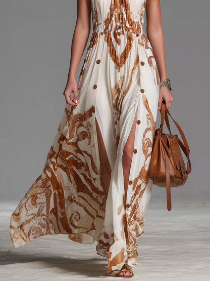 Vintage Bohemia Halter Neck Brown Western Print Off White Chiffon Split Maxi Dress