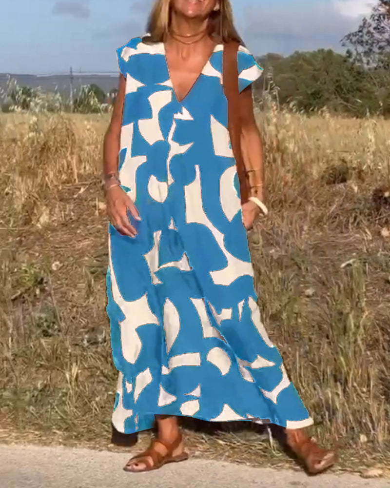 Naomi | Long Printed Dress with V-Neck and Flared Fit