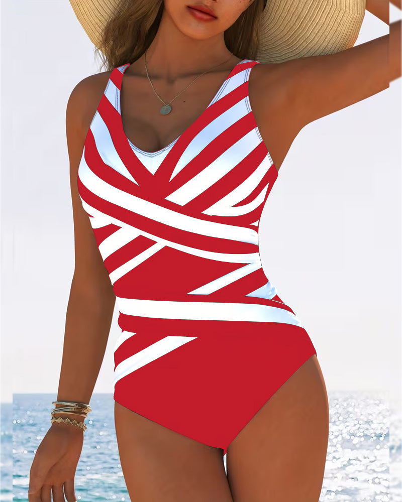 Casual striped swimsuit with V-neck, one-piece
